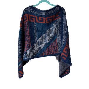 NWT Poncho Tribal Greek Knit Blue Cream Orange OS Fuzzy Cozy Warm